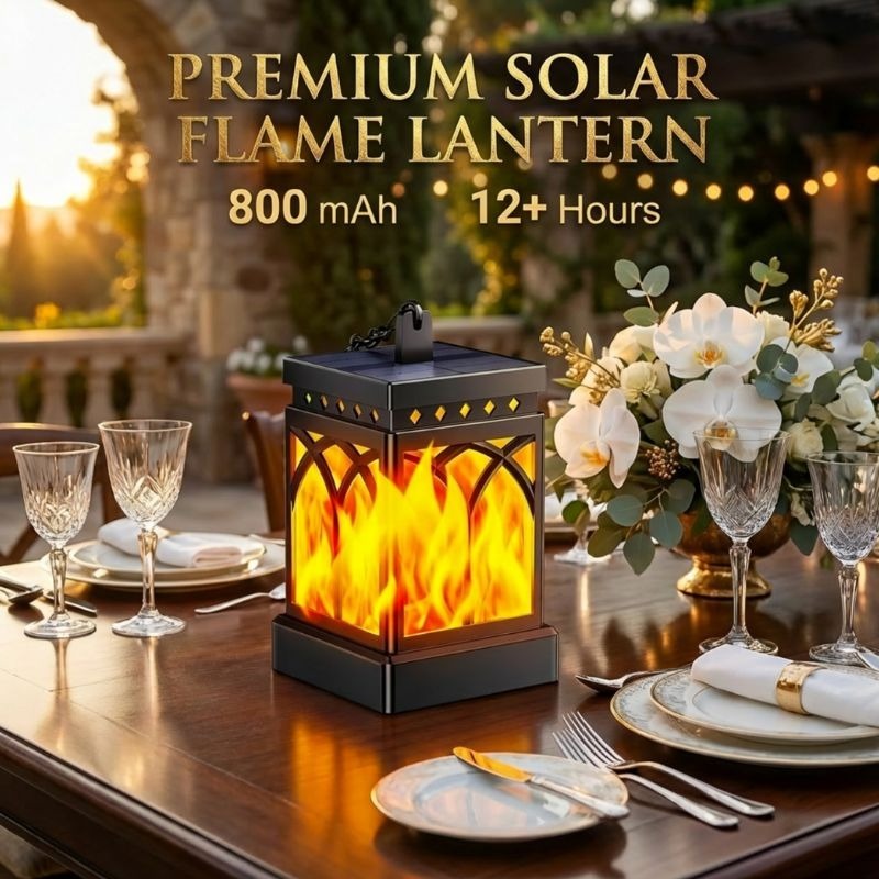 Premium solar flame lantern on a table with sunset background