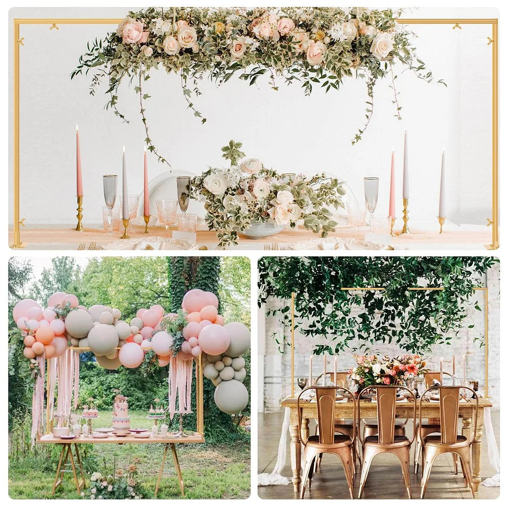 Collage of wedding decorations including floral arches, balloons, and tables with floral arrangements.