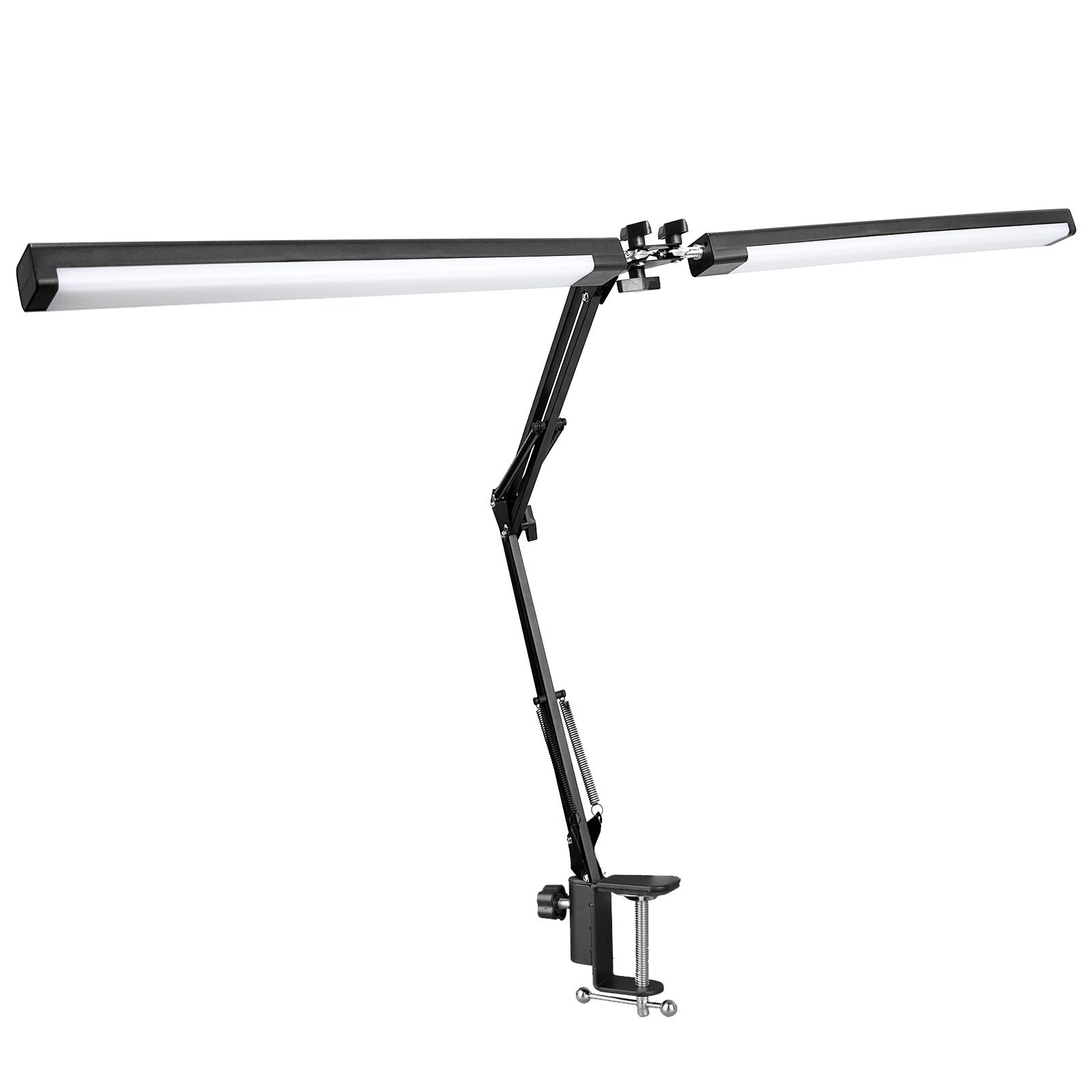 Black adjustable lamp with two light bars on a white background
