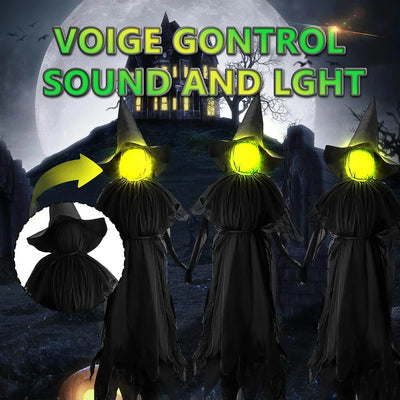 Ghouls with glowing eyes in a Halloween-themed setting with text 'Voice Control Sound and Light'.