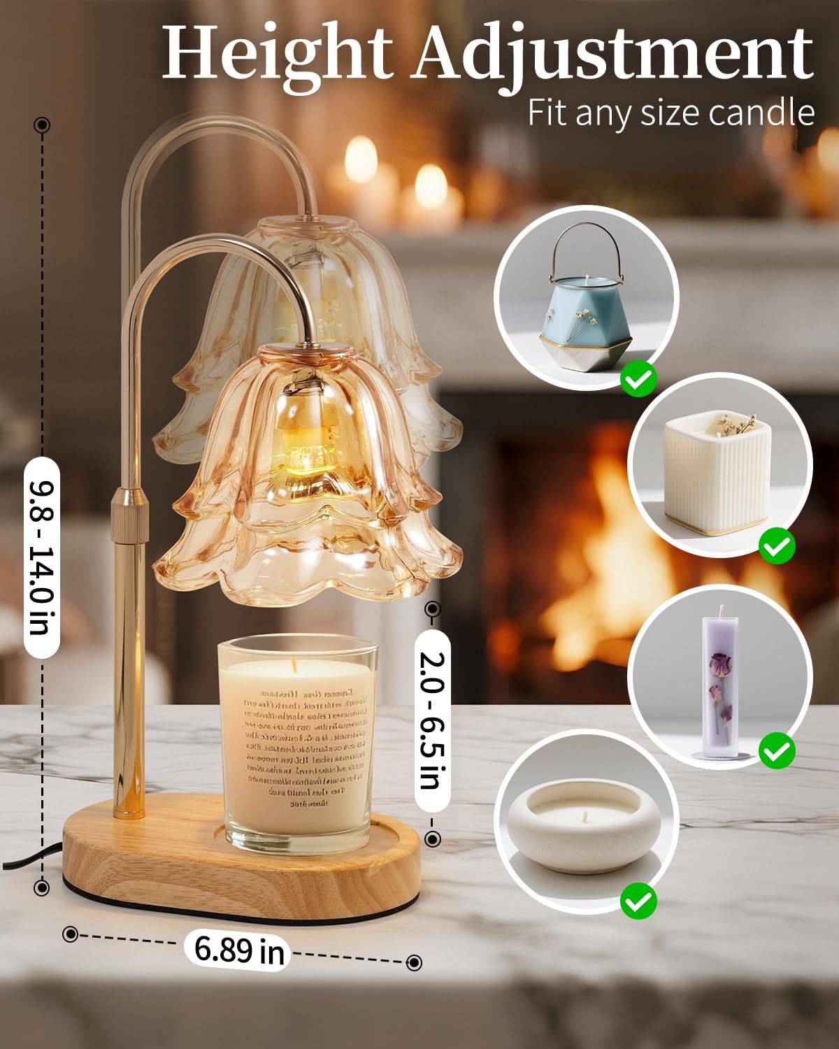 Candle holder with height adjustment feature on a wooden base, lit candle in front of a fireplace.