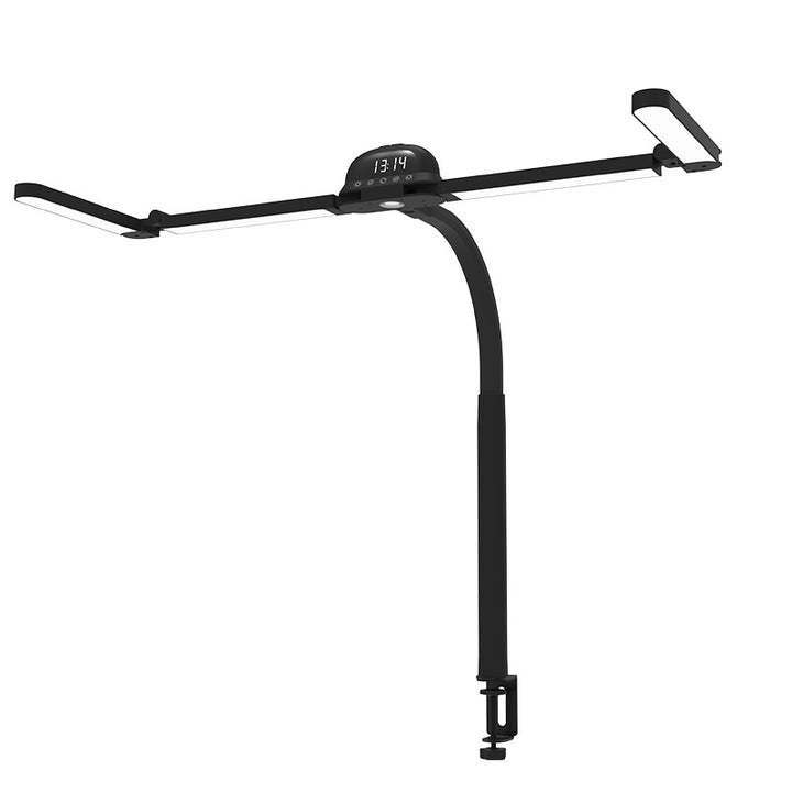 Black adjustable desk lamp with digital clock on a white background