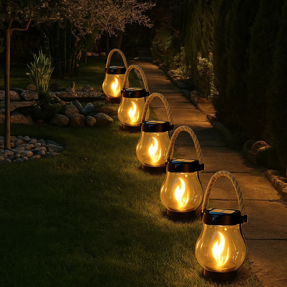 Row of solar-powered lanterns on a garden path at night