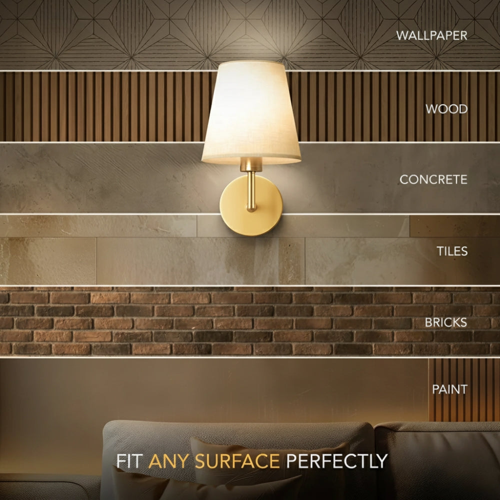 Wall lamp on various wall finishes including wallpaper, wood, concrete, tiles, bricks, and paint.