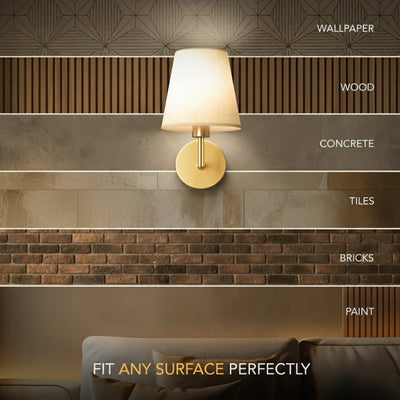 Wall lamp on various wall finishes including wallpaper, wood, concrete, tiles, bricks, and paint.