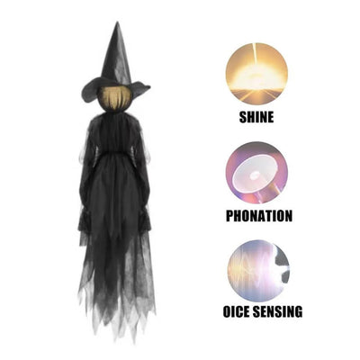Halloween decoration of a witch with labeled features on a white background