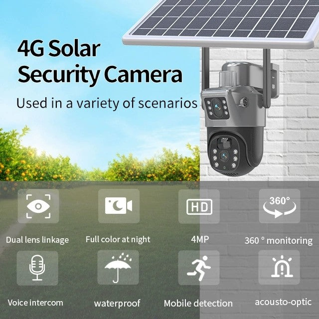 4G Solar Security Camera with solar panel and features listed on a scenic background