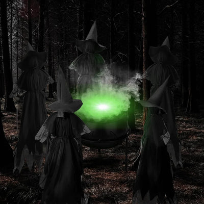 Four figures in dark robes with pointed hats around a glowing green orb in a forest setting.