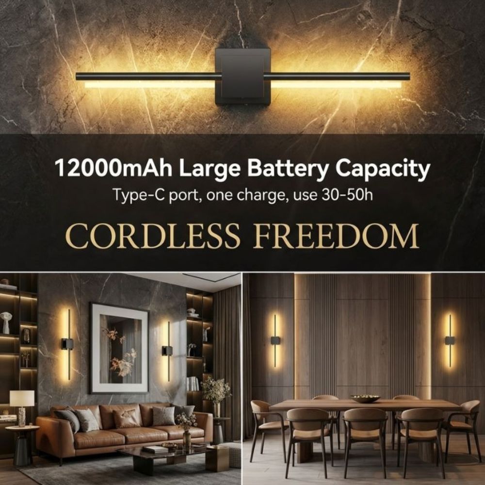 Modern wall-mounted light fixture with text highlighting battery capacity and features, set against a dark marble wall.