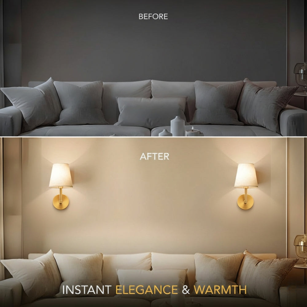 Before and after comparison of a living room with wall lights and text 'Instant Elegance & Warmth'.