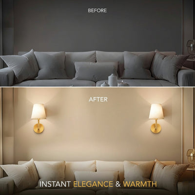 Before and after comparison of a living room with wall lights and text 'Instant Elegance & Warmth'.