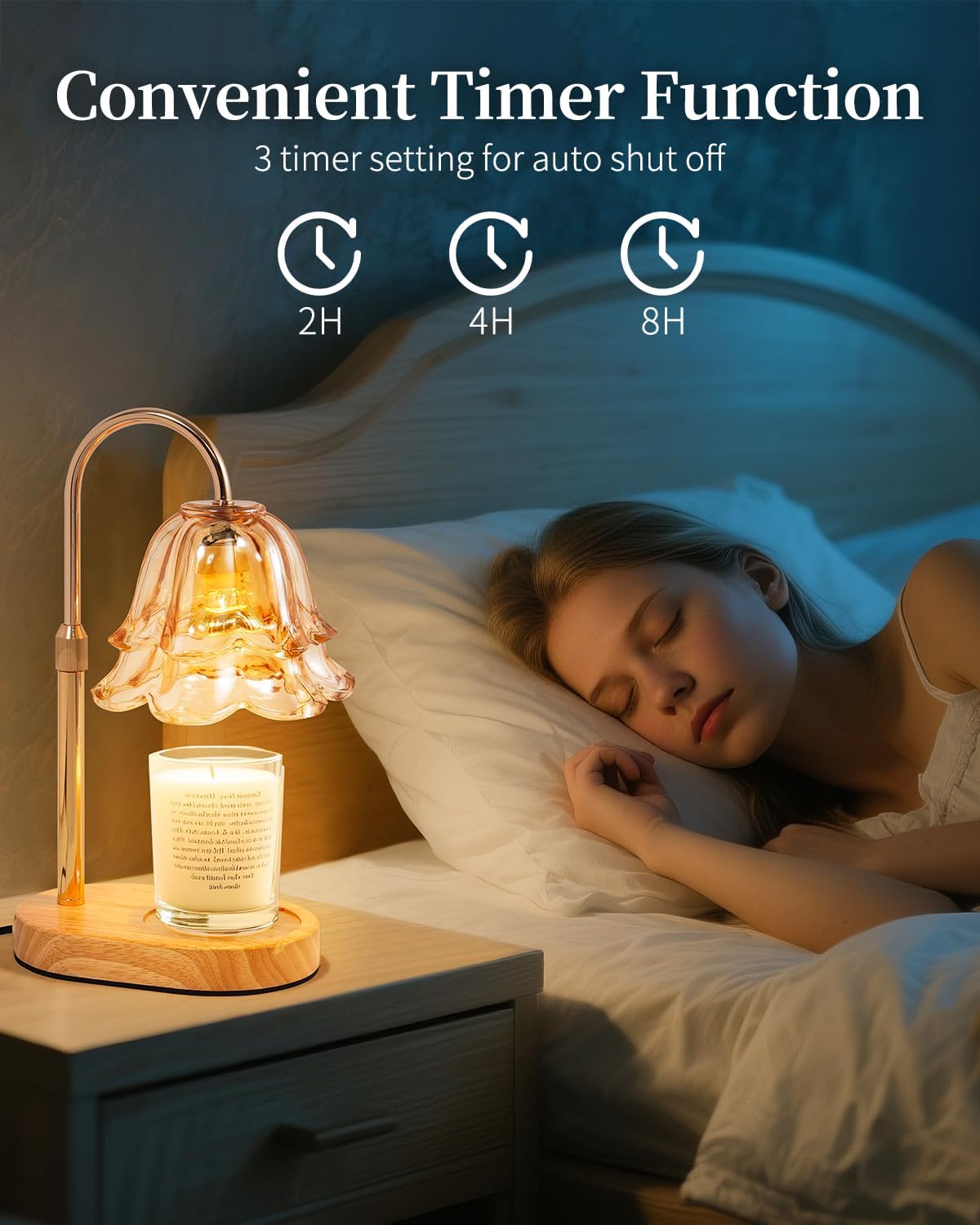 Woman sleeping in bed with a night lamp and text about convenient timer function.