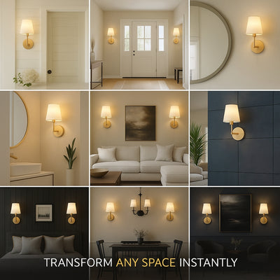 Collage of interior design scenes with wall sconces and lighting fixtures.