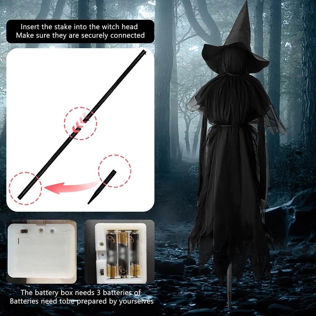 Witch costume with a stake in a forest setting, including battery box and stake illustration.