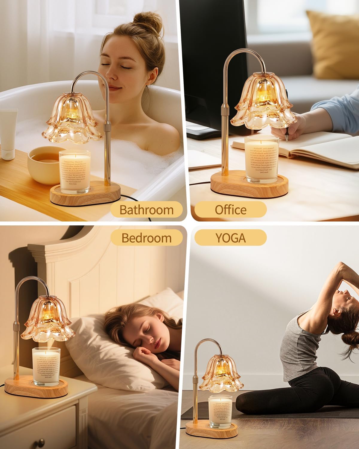 Table lamp with candle on a wooden base in various settings including bathroom, office, bedroom, and yoga.