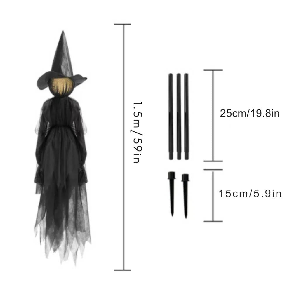 Halloween decoration of a witch with measurements on a white background