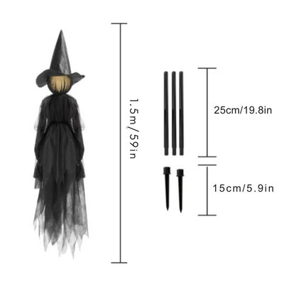 Halloween decoration of a witch with measurements on a white background