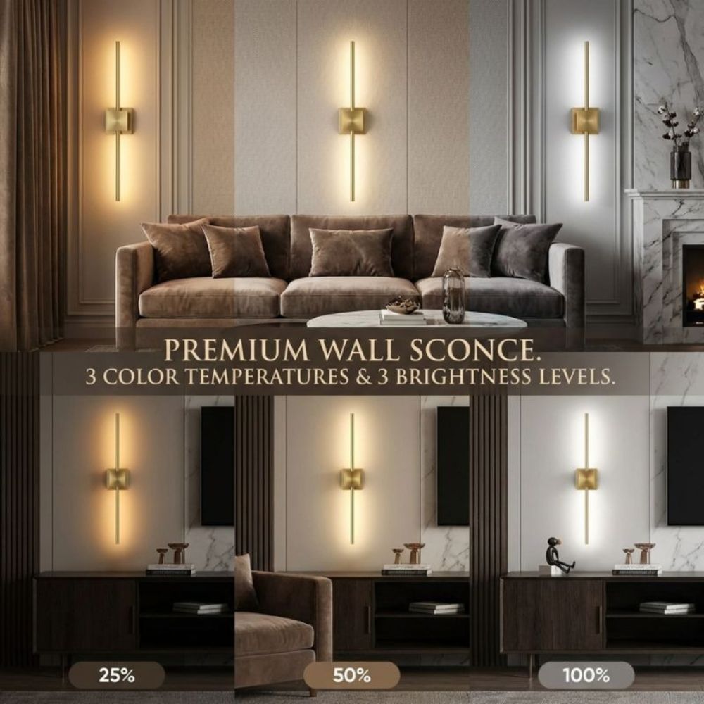 Living room with a brown sectional sofa and wall sconces, highlighting the product's features.