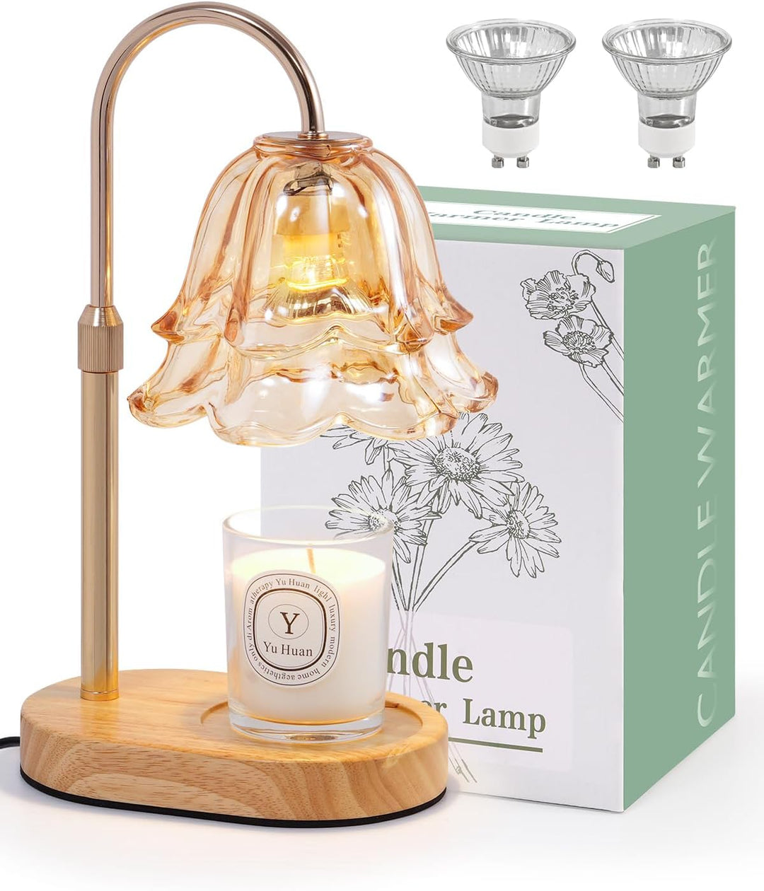 Candle warmer with glass lampshade and wooden base, next to a candle and packaging on a white background