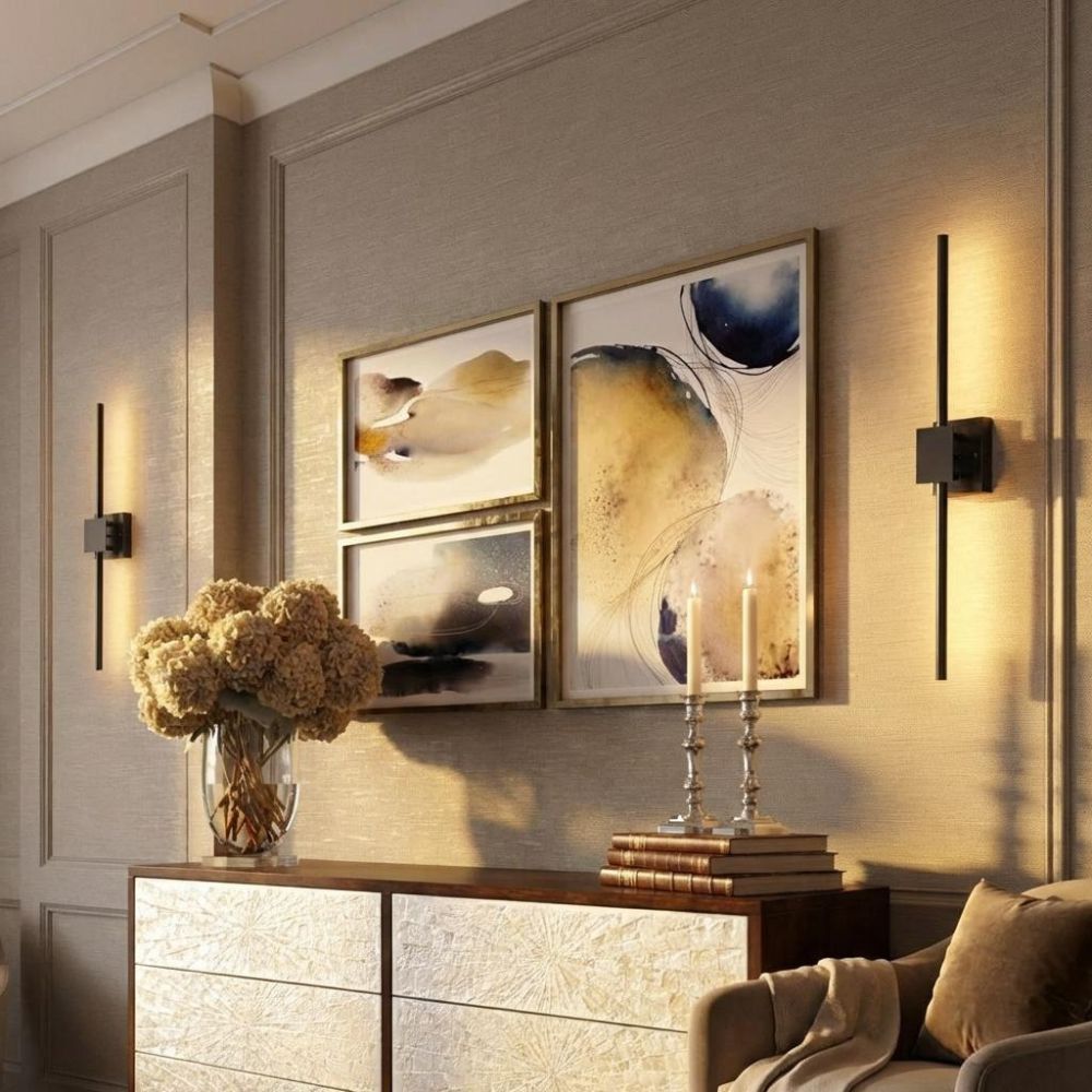 Decorative wall art above a console table in a stylish room.
