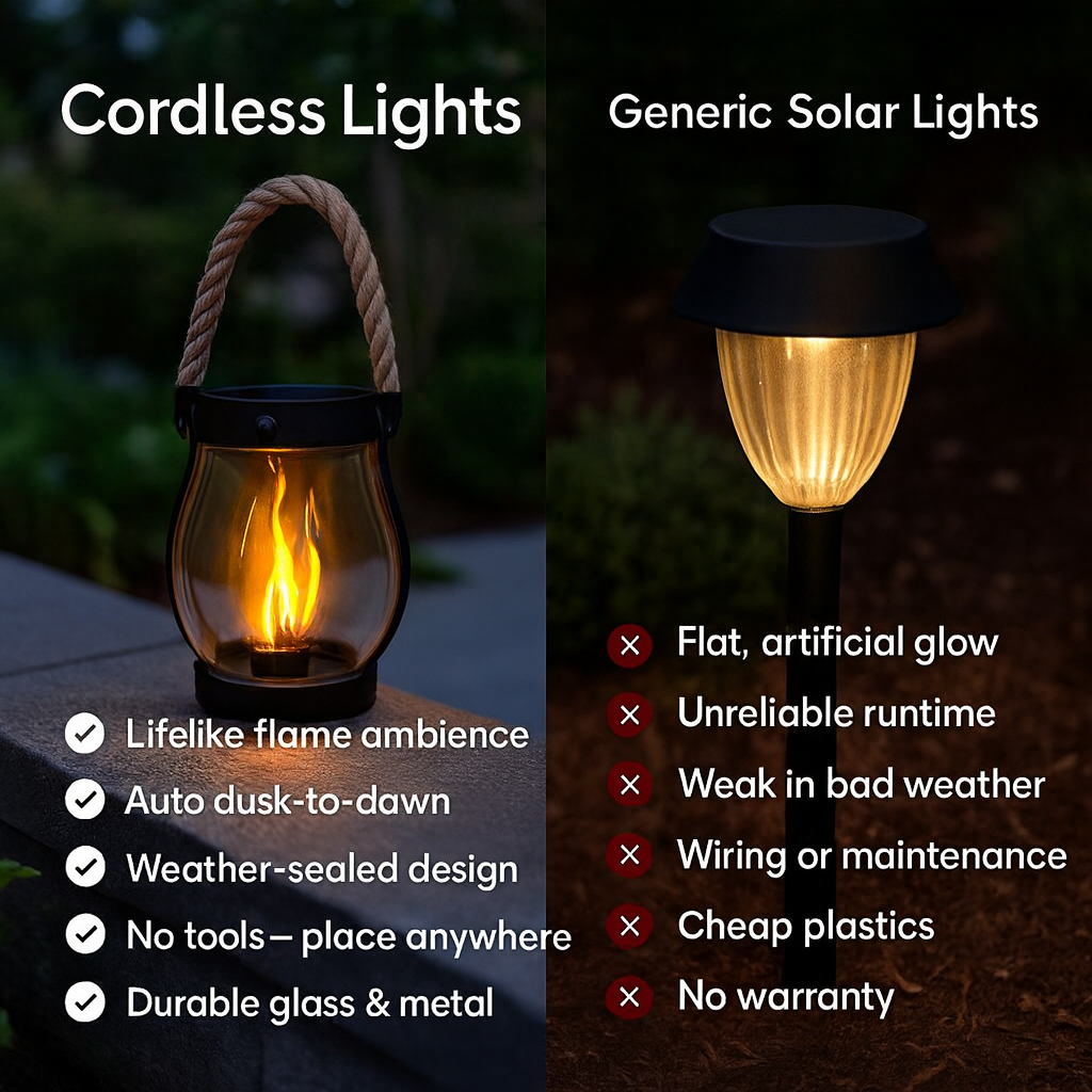 Comparison of cordless lights and generic solar lights with pros and cons listed.