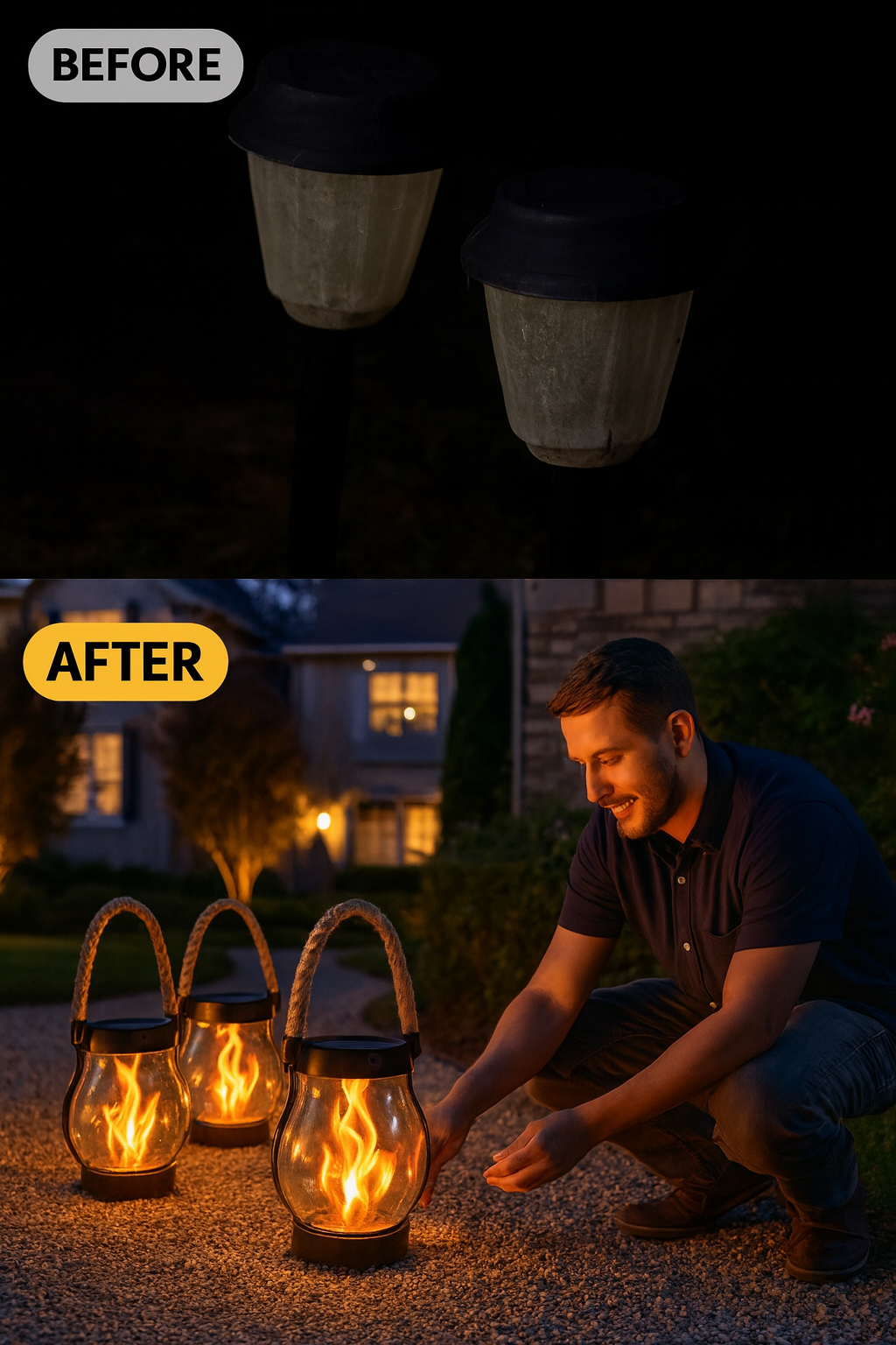 Before and after comparison of outdoor lighting fixtures with a person setting them up.