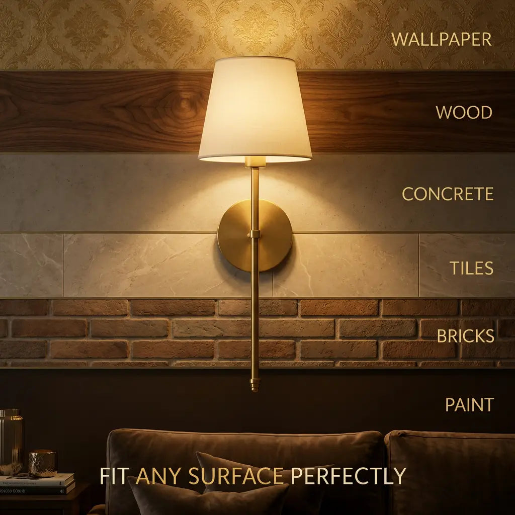 Wall lamp on a wall with various surface options listed below.