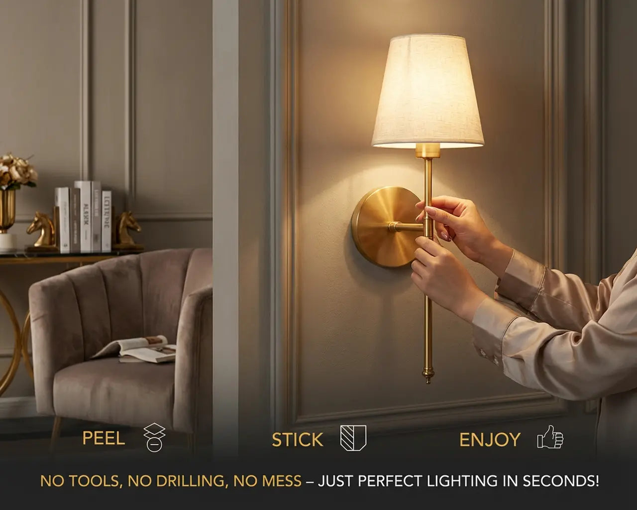 Person installing a wall-mounted lamp in a room with decor elements.