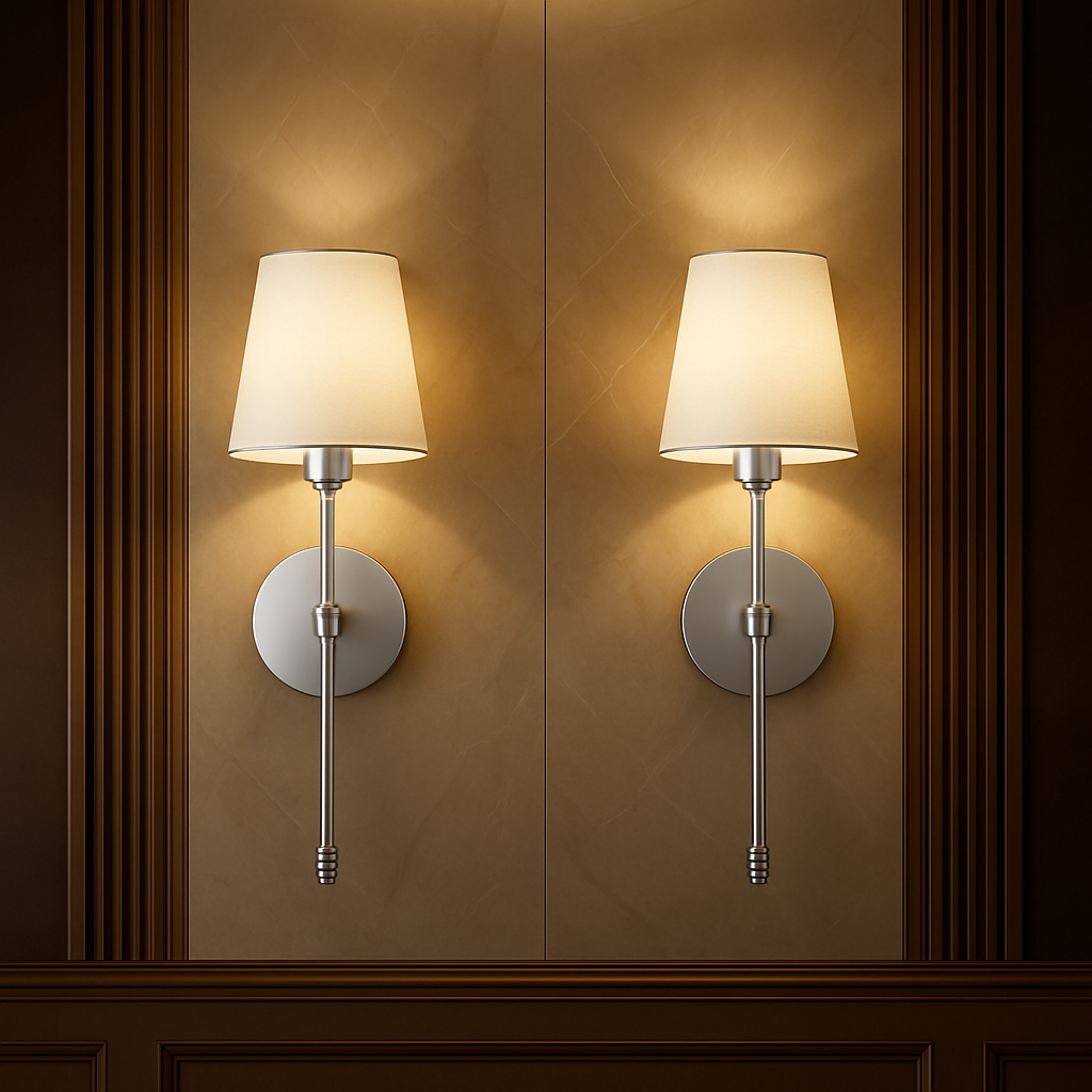 Pair of wall-mounted lamps with white shades on a brown wall.