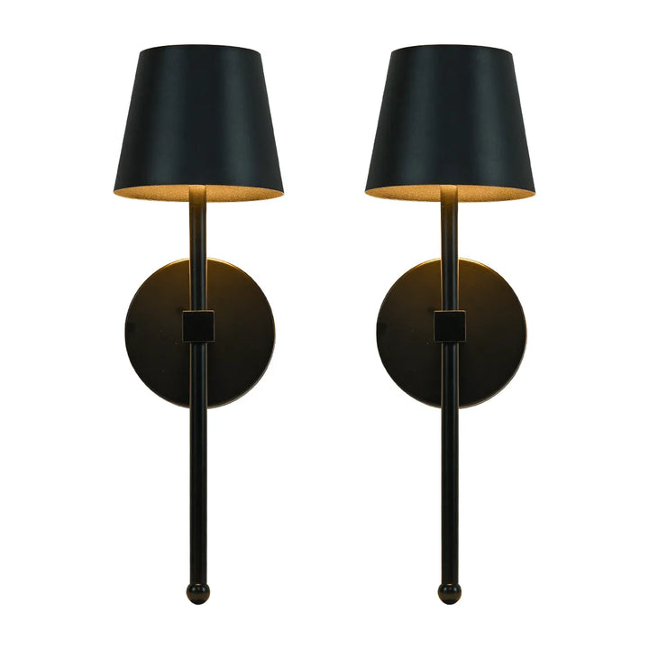 Two black wall sconce with gold accents on a white background