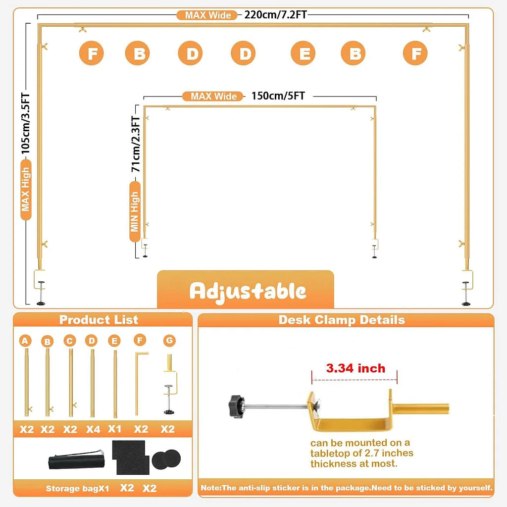 Product specifications and features of a desk clamp on a white background