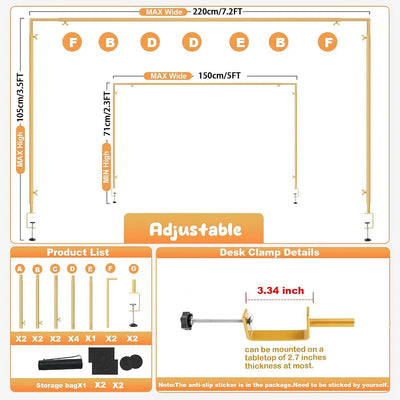 Product specifications and features of a desk clamp on a white background