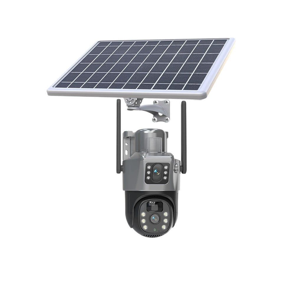 Solar-powered security camera with a solar panel on a white background