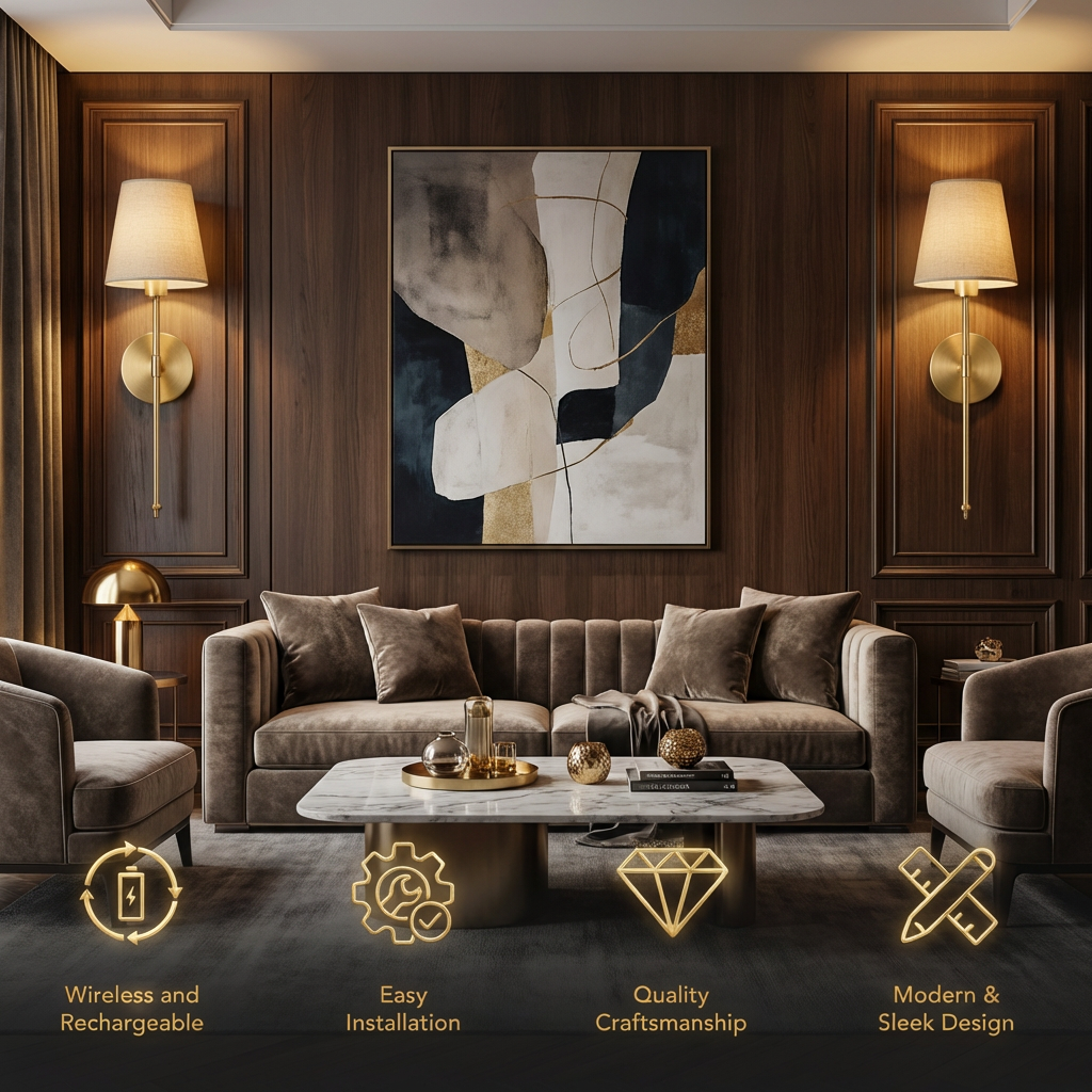 Modern living room with a gray sofa, coffee table, and abstract art on a wooden wall.